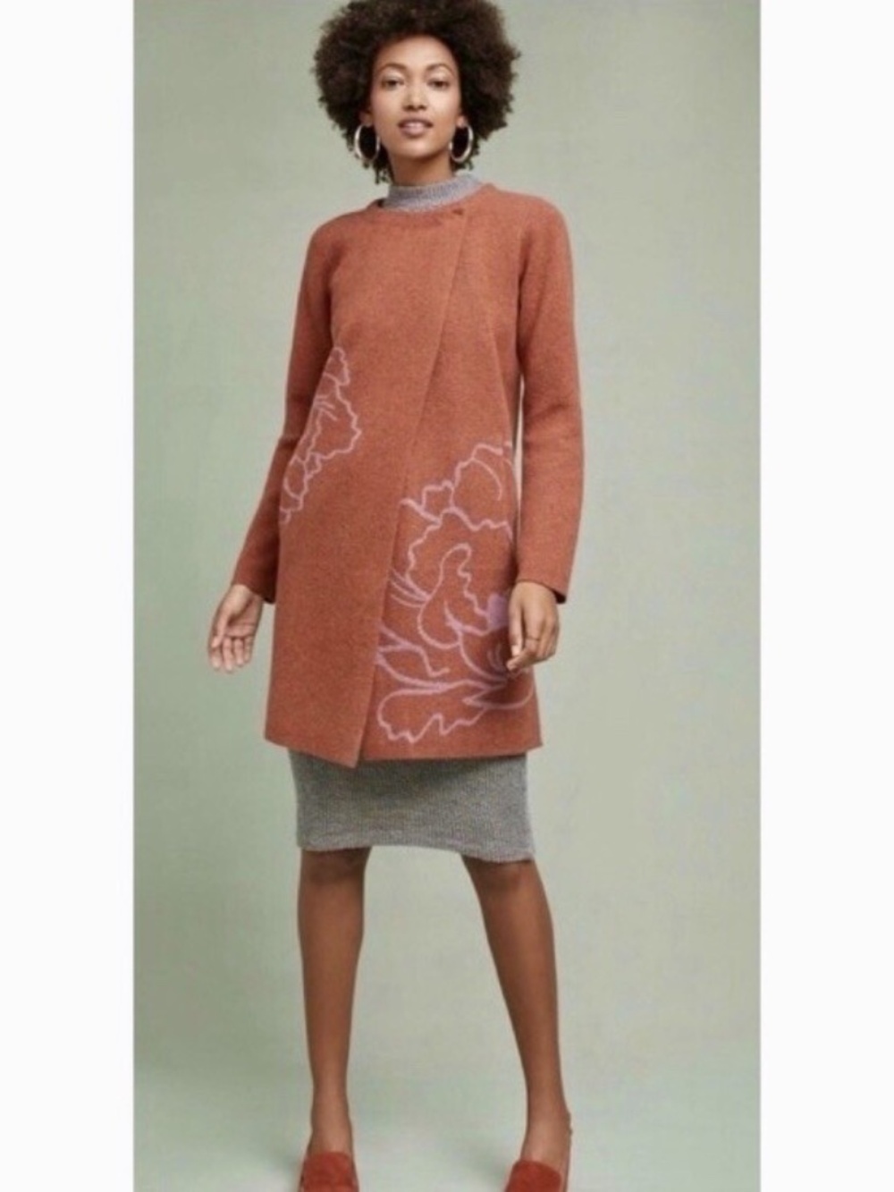 FIELD FLOWER S Orange/Purple Floral 100% Wool Sweater Blazer Snap Coat Jacket